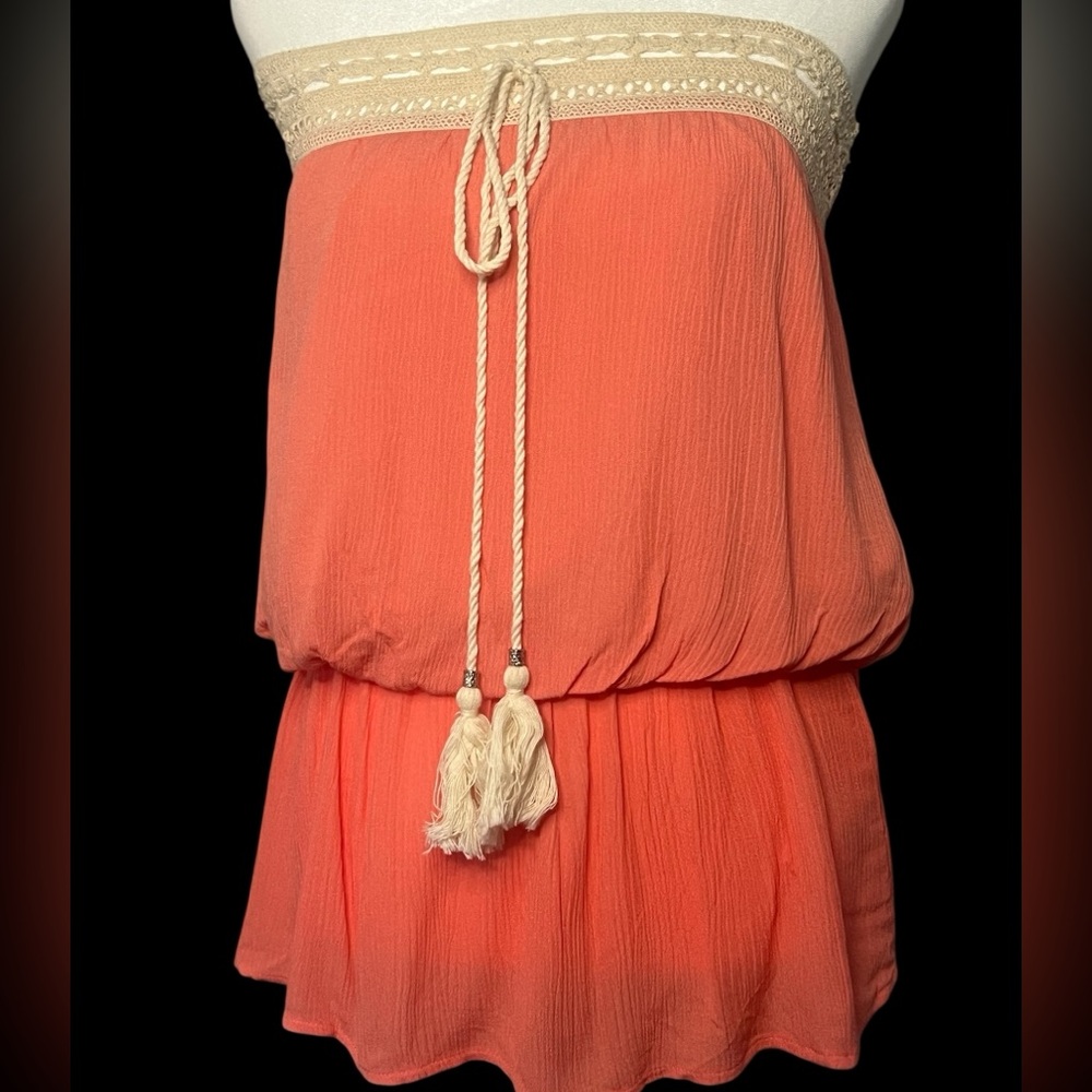 Coral Boho Festival Strapless Top with Tassel Tie